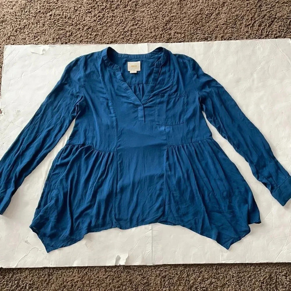 Maeve Anthropologie Women's Teal Blue Tunic Flowy Blouse Long Sleeve Size 4 - Picture 2 of 10